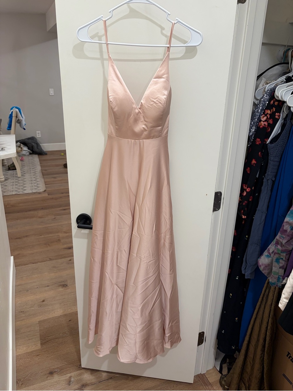 Blush Pink Satin Dress with V-Neck